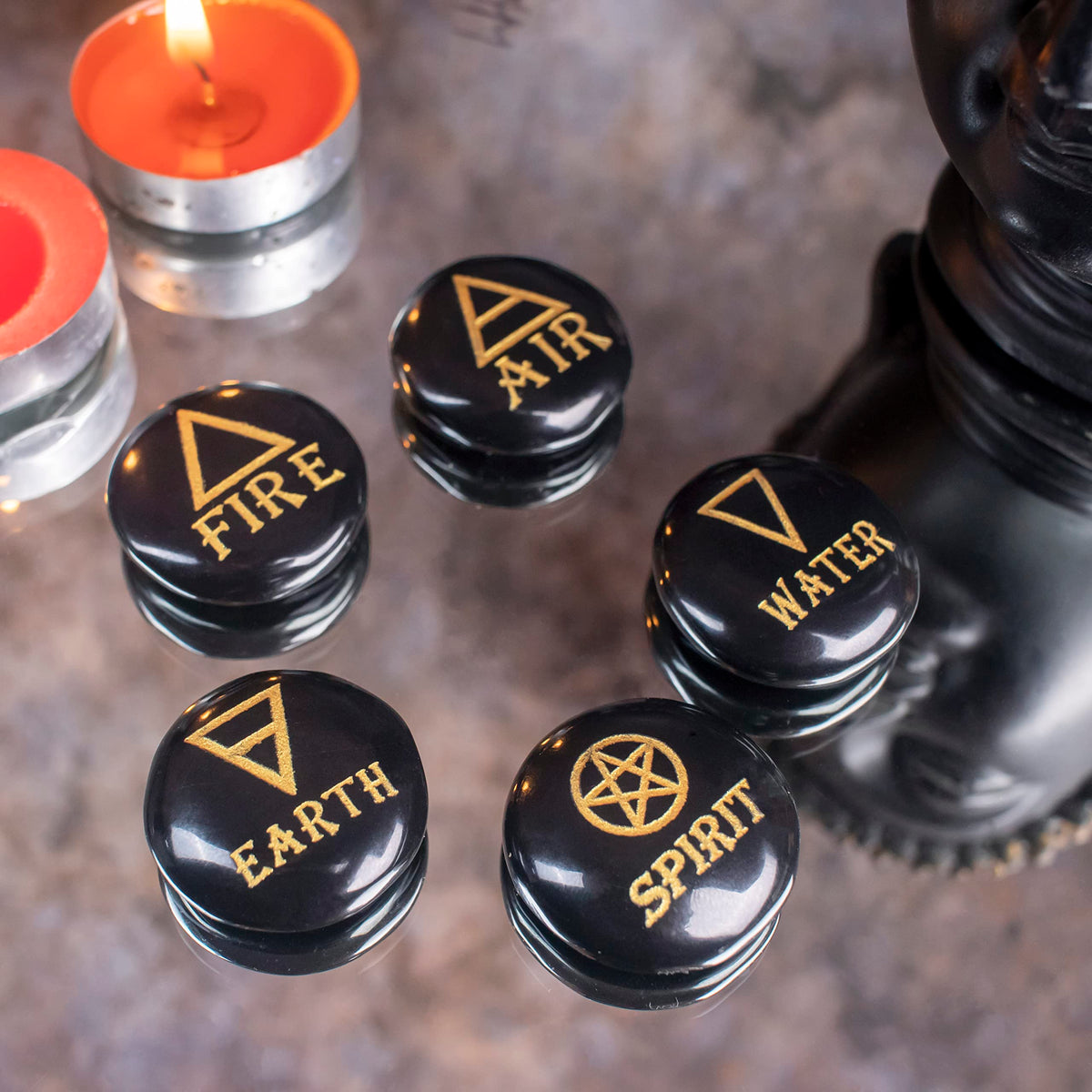 Crocon 5 Elements Black Tourmaline Stones Round Shape Engraved Triangle Symbols (Earth Air Fire Water Spirit) Polished Palm Stones Gemstone Reiki Crystals Healing Stones Meditation Divination Gifts