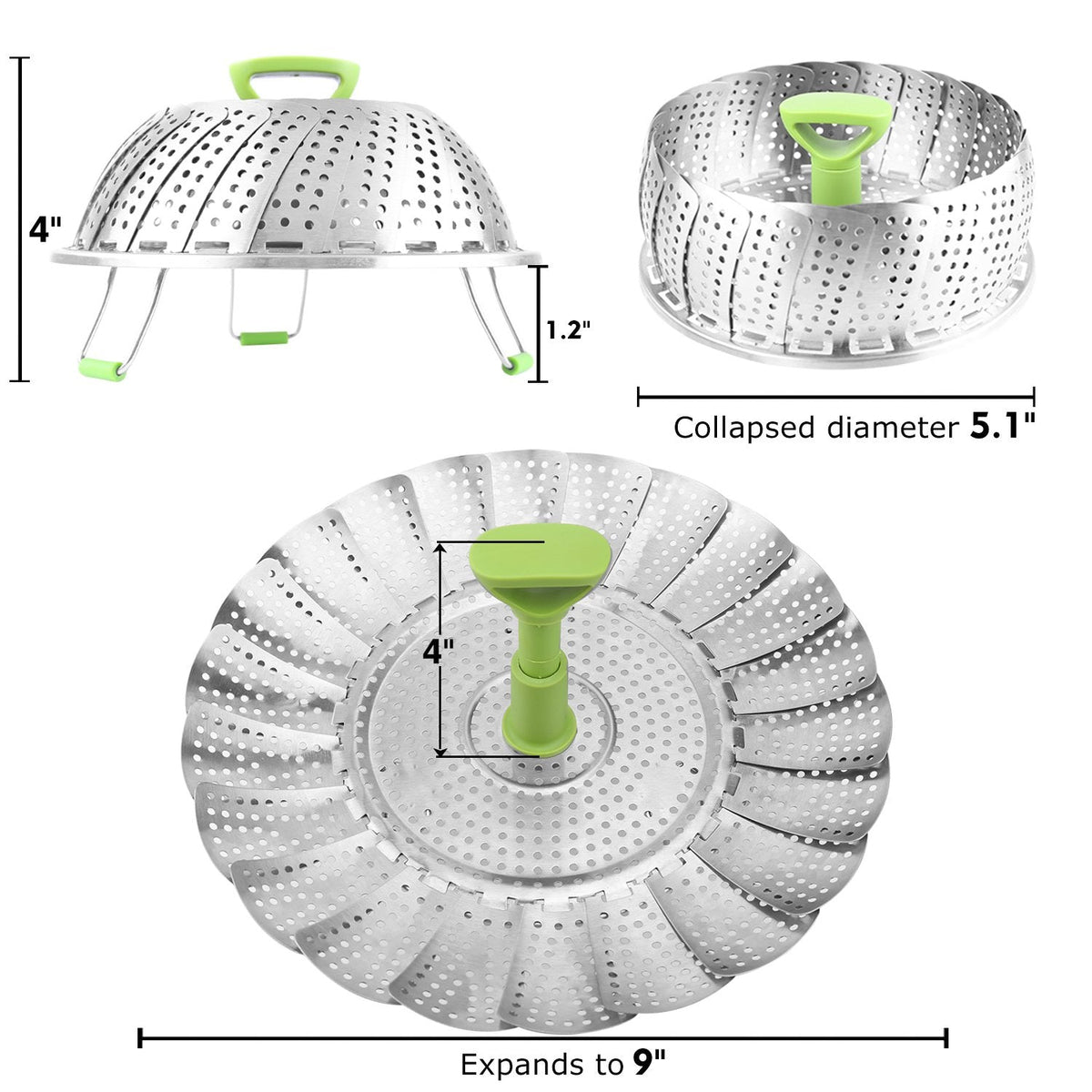 Consevisen Vegetable Steamer Basket for Cooking Food, Stainless Steel Veggie Steam Basket for Pot, Folding Expandable Steaming Insert with Extendable Handle Fits Various Size Pot, 5.1" to 9"