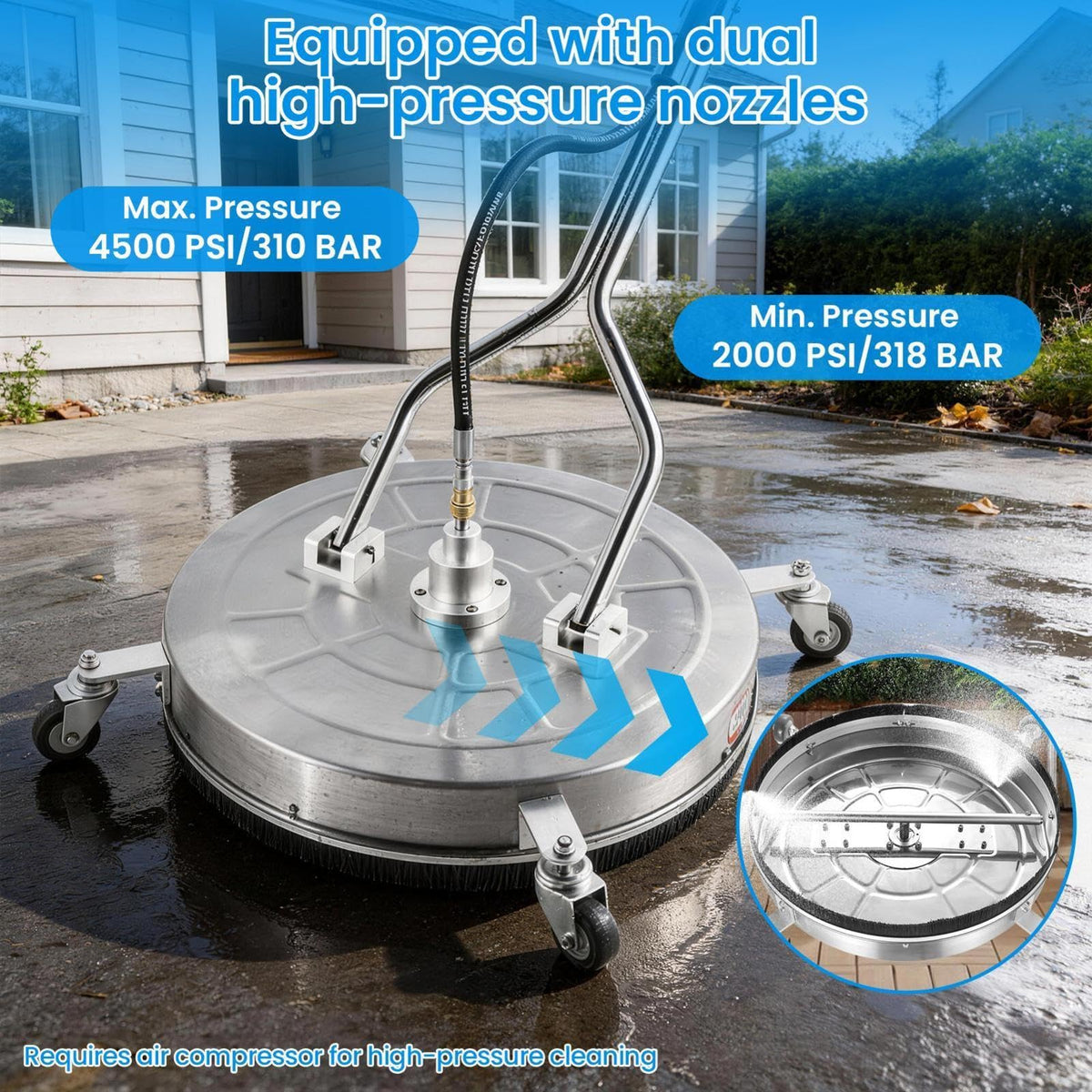 24" Pressure Washer Surfaces Cleaner with 4 Wheels & Duals Handles, 4000PSI Stainless Steel Surfaces Cleaner Attachment Commercial Grade for Pressure Washer for Concrete Driveway Sidewalk Deck Patio