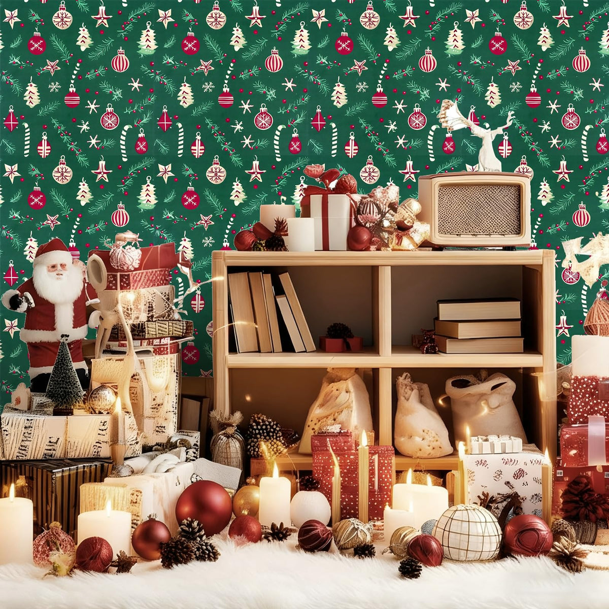 Peel and Stick Wallpaper Christmas Trees, Ornaments & Candy Canes Contact Paper Holiday Removable Self Adhesive Vinyl Christmas Decor Wall Paper for Living Room Kitchen Bedroom 17" x 196.8"