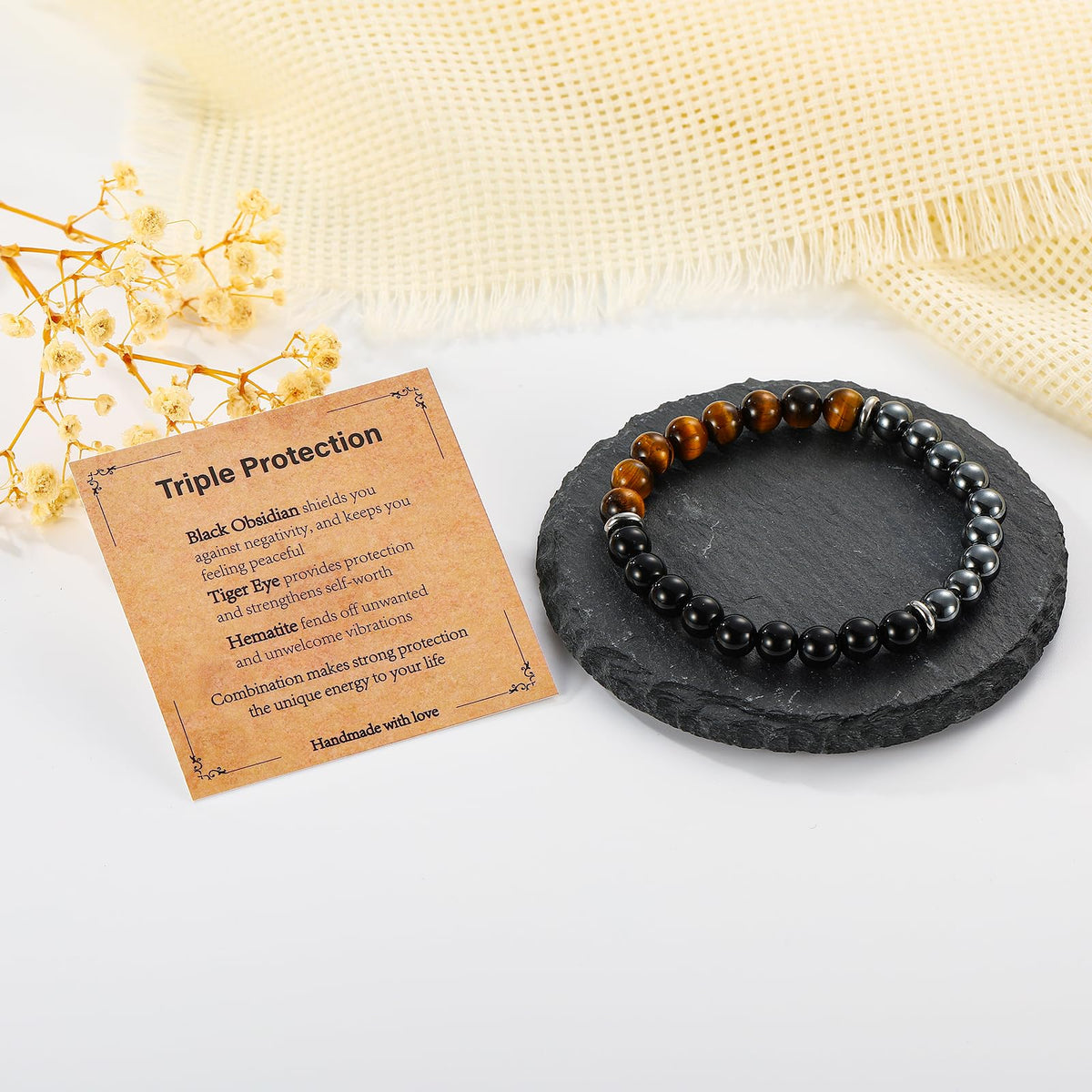 Gnamy Bracelet Gifts for Him Men Husband Boyfriend, Triple Protection Beaded Hematite Tiger Eye Black Obsidian Gemstone Bracelets Birthday Anniversary Healing Easter Valentines Christmas Jewelry Gifts