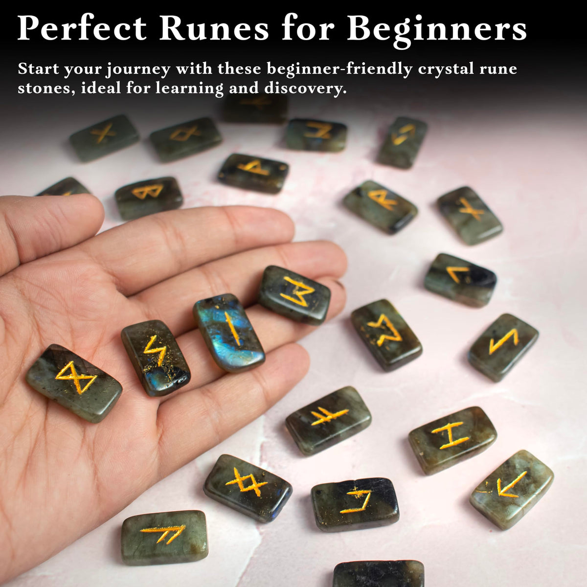 Crocon Labradorite Rectangle Shape Gemstone Rune Stones with Elder Futhark Alphabet Engraved 25 pcs Rune Set Crystal Divination Metaphysical Healing Chakra Reiki Runes Set with a Pouch Size: 21-26mm
