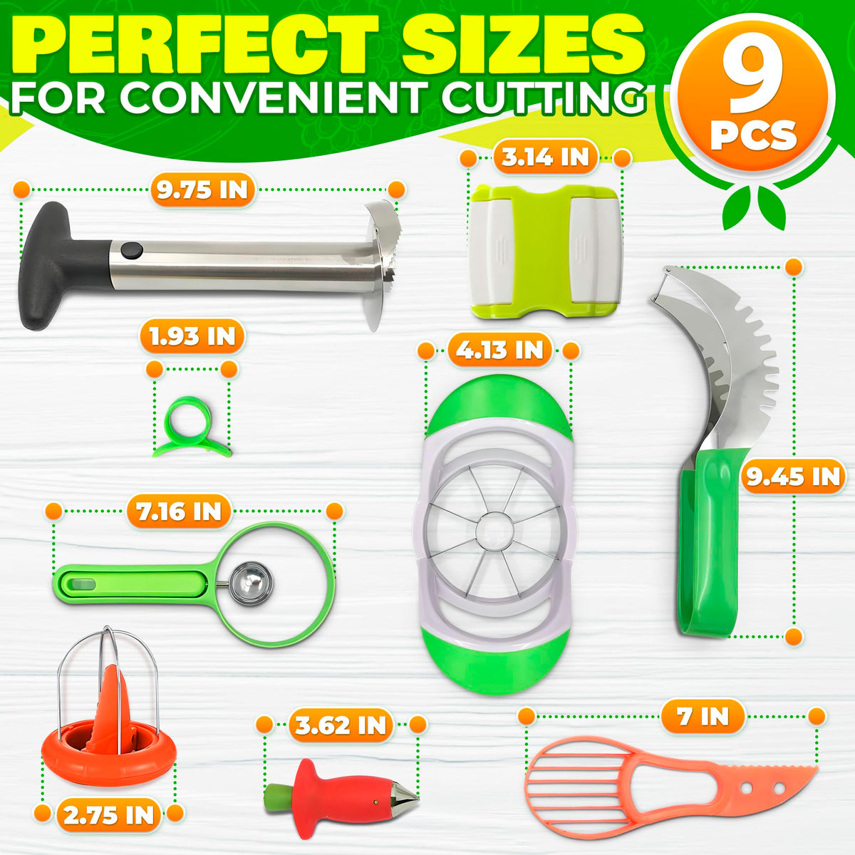 9 Pcs Pineapple Corer and Slicer Set – Sturdy, Sharp & Easy to Clean Pineapple Slicer Tool with Fruit Corer, Slicers and Peelers – Works for Apples, Melons, Avocados, Citrus, Berries, Bananas & More