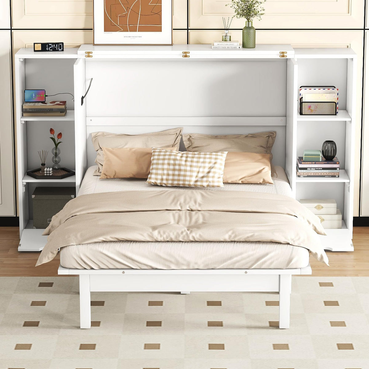 Merax Murphy Bed Frame Queen Size Cabinet with Shelves, 2 Drawers and USB Ports, Wood Versatile Platform Wall Bed