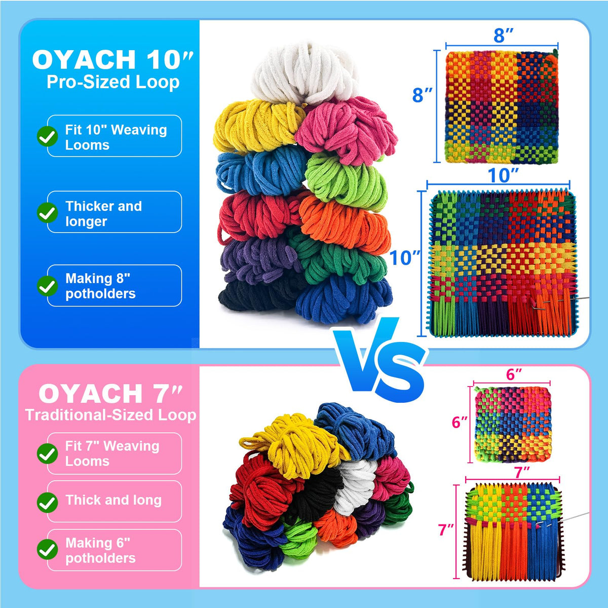 OYACH 440pcs 10 inch Cotton Weaving Loom Refill Loops,11 Colors Rainbow Potholder Loom Loop Bands,Weaving Pot Holder Refill Loops DIY Crafts for Adults Kids,8pcs 8" Potholders(Loom not Included)