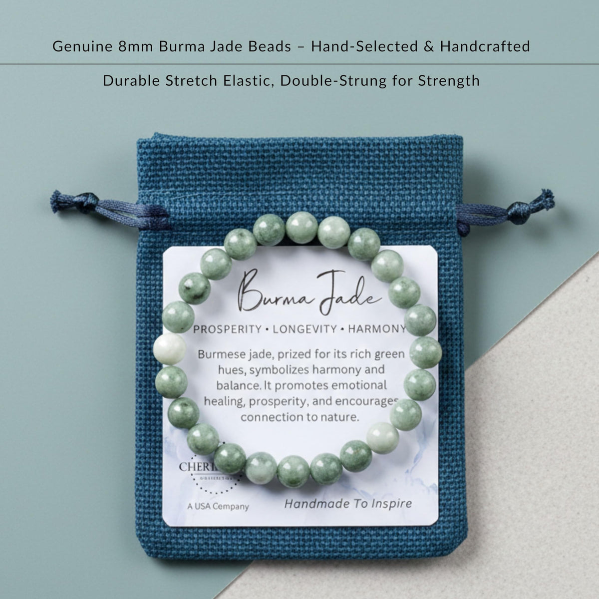 Cherry Tree Collection Burma Jade Bracelet – Handmade 8mm Natural Jadeite Beaded Stretch Bracelet for Men & Women – Healing, Protection & Positive Energy – Unisex Jewelry, Gift-Ready - (Small)