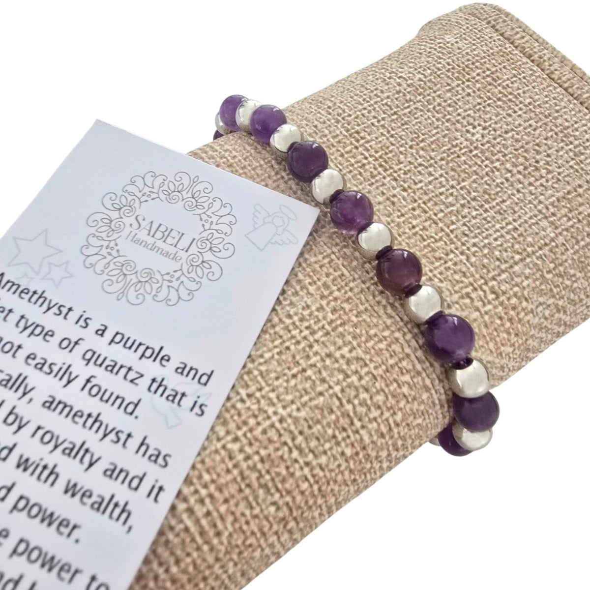 Sabeli Handmade Amethyst Bracelet Healing Natural Stone and Steel Beads Healing Crystals Jewelry Adjustable Macrame Gemstone Gifts 6mm Beads (Amethyst)