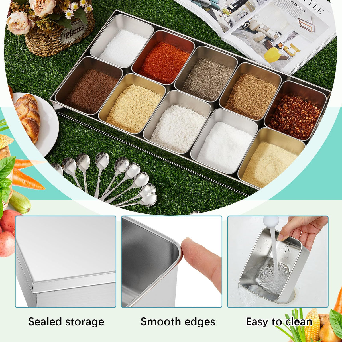 Boao 10 Compartment 304 Yakumi Pans Stainless Steel Seasoning Condiment Container with Lids Spoons, Japanese Yakumi Pans Mini Sauces Salad Dressings Storage for Food, Herbs, Spices