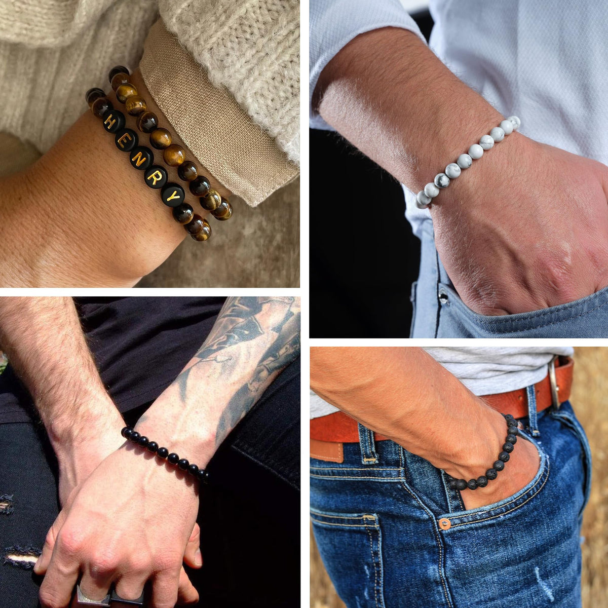 SAMOCO 12Pcs Tiger Eye Bracelet For Men 8MM Natural Stone Beads Bracelet Set Stretch Lava Rock Bracelets Adjustable Black Crystal Beaded Bracelet for Men Women Gifts