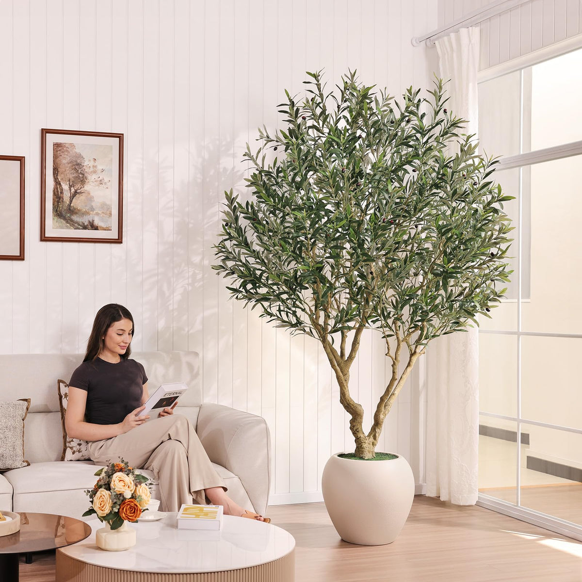 Verinatural Olive Tree Artificial Indoor, 8FT Tall Faux Olive Tree with 18in White Planter, Artificial Plants with Natural Wood Trunk and Lifelike Fruits for Home Office Decor,VN205