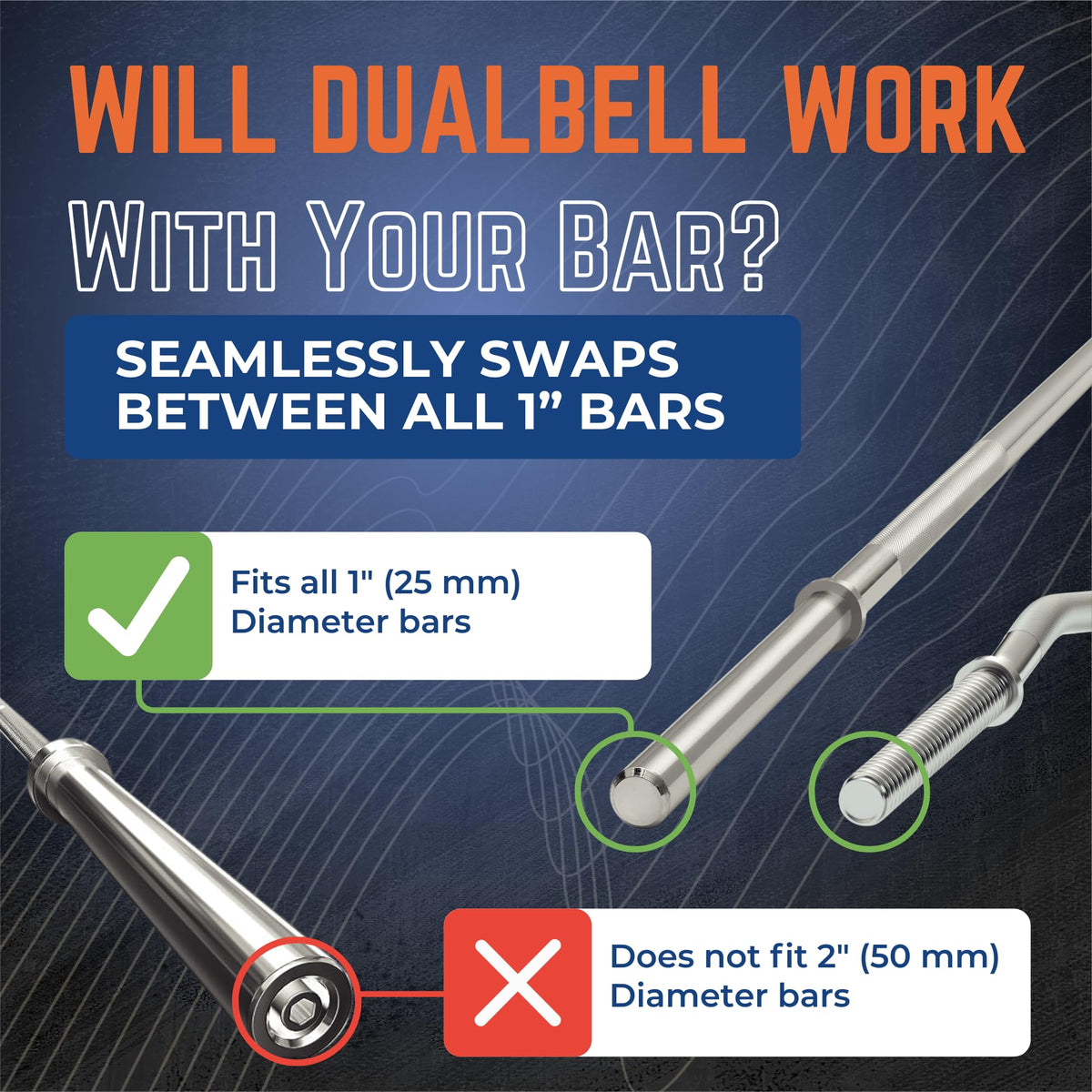 Blue DUALBELL Superset for 1” bar and blue weight collars- Home gym dumbbell to barbell adapters - Connect Dumbbells to 1” standard diameter bar to replace weight plates, 500lb max capacity