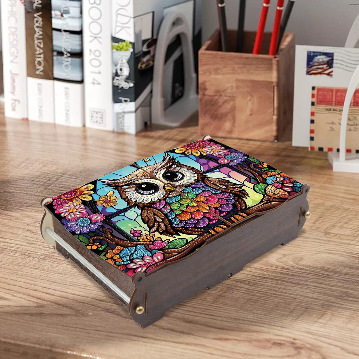 antor DIY Diamond Painting Wooden Storage Box, Owl Creative Special Shaped Rhinestone Art Flip Cover Jewelry Organizer Gift Case, Handmade Art Desktop Decor