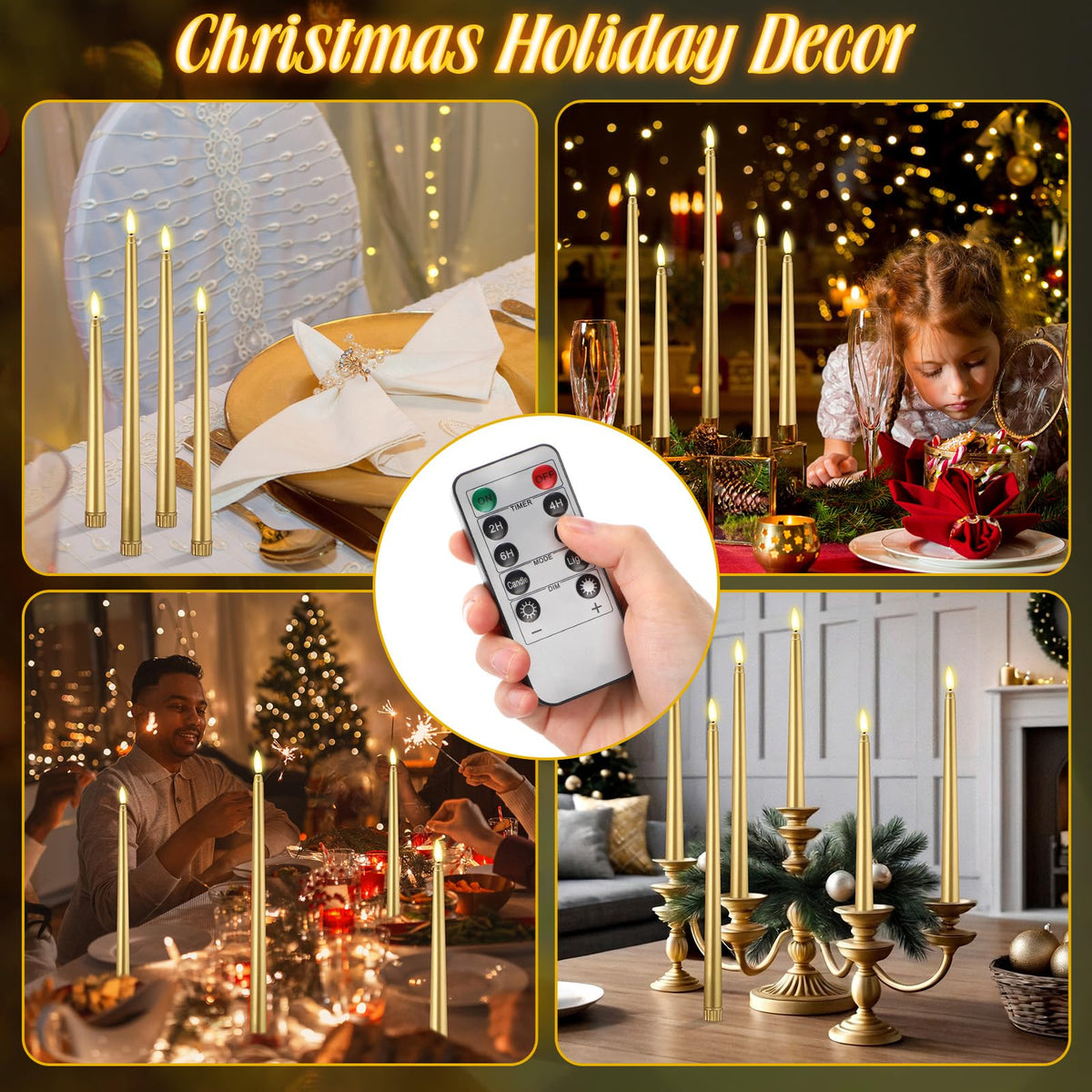 Rossesay 28 Pcs Flameless Taper Candles with Timer Remote 4 Sizes of 8.5", 9.6", 10.83", 12.8" LED Flickering Taper Candles Battery Operated for Valentine's Day Church Wedding Home Decor(Gold)