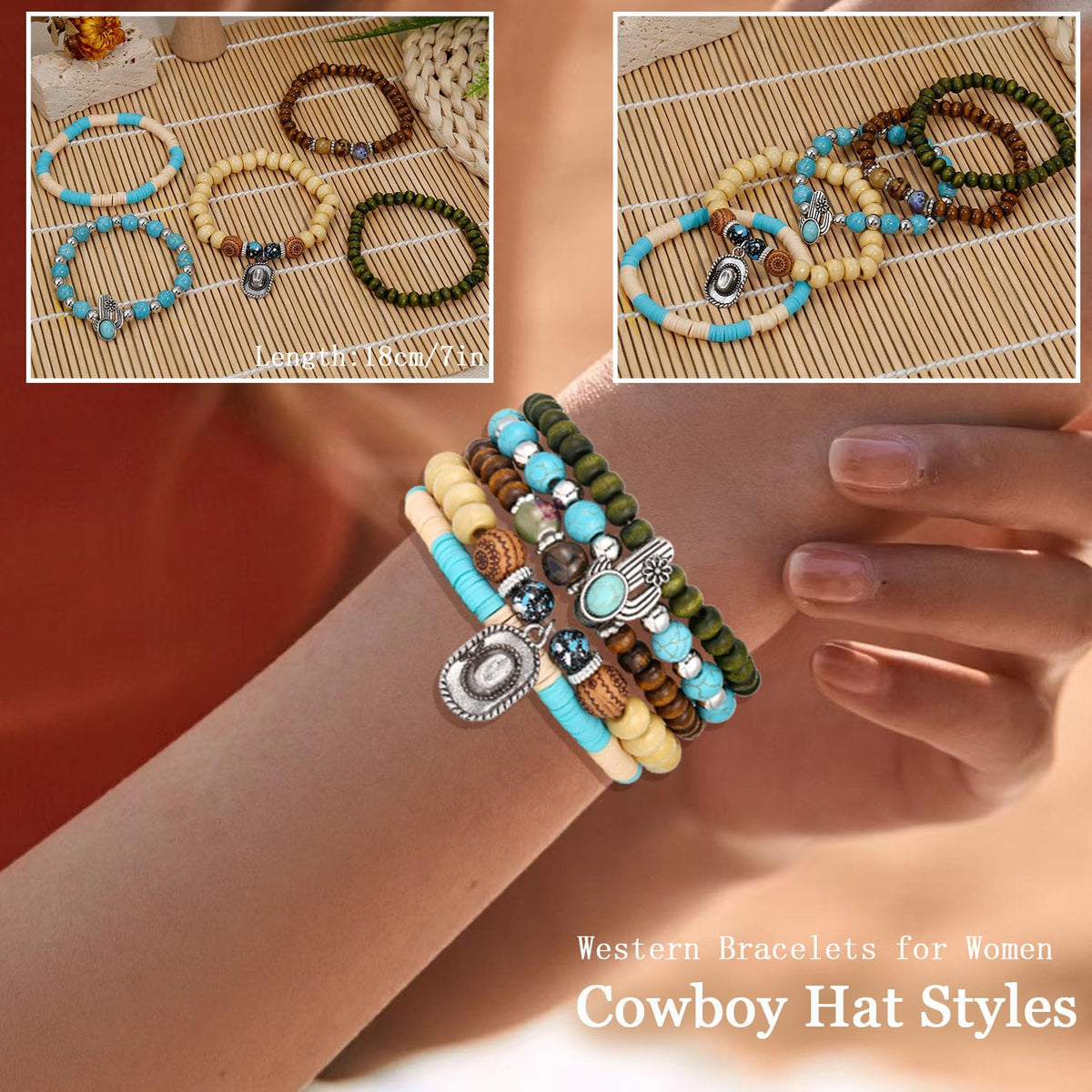COLOYAN 28PCS Western Bracelets for Women Stackable, Stretch Charm Bohemian Bracelet Stacks, Vintage Turquoise Bead Bracelet Western Jewelry