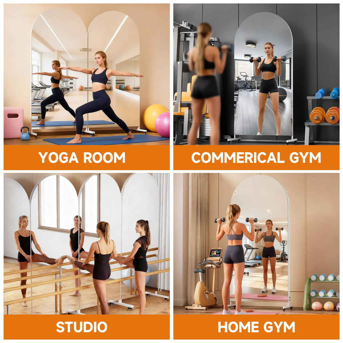 Hasipu 67" x 40" Arched Rolling Home Gym Mirror with Wheels, 360° Swivel Body Mirror with HD Tempered Glass, Large Floor Mirror for Yoga Room, Dance Studio, Bedroom & Home Gym