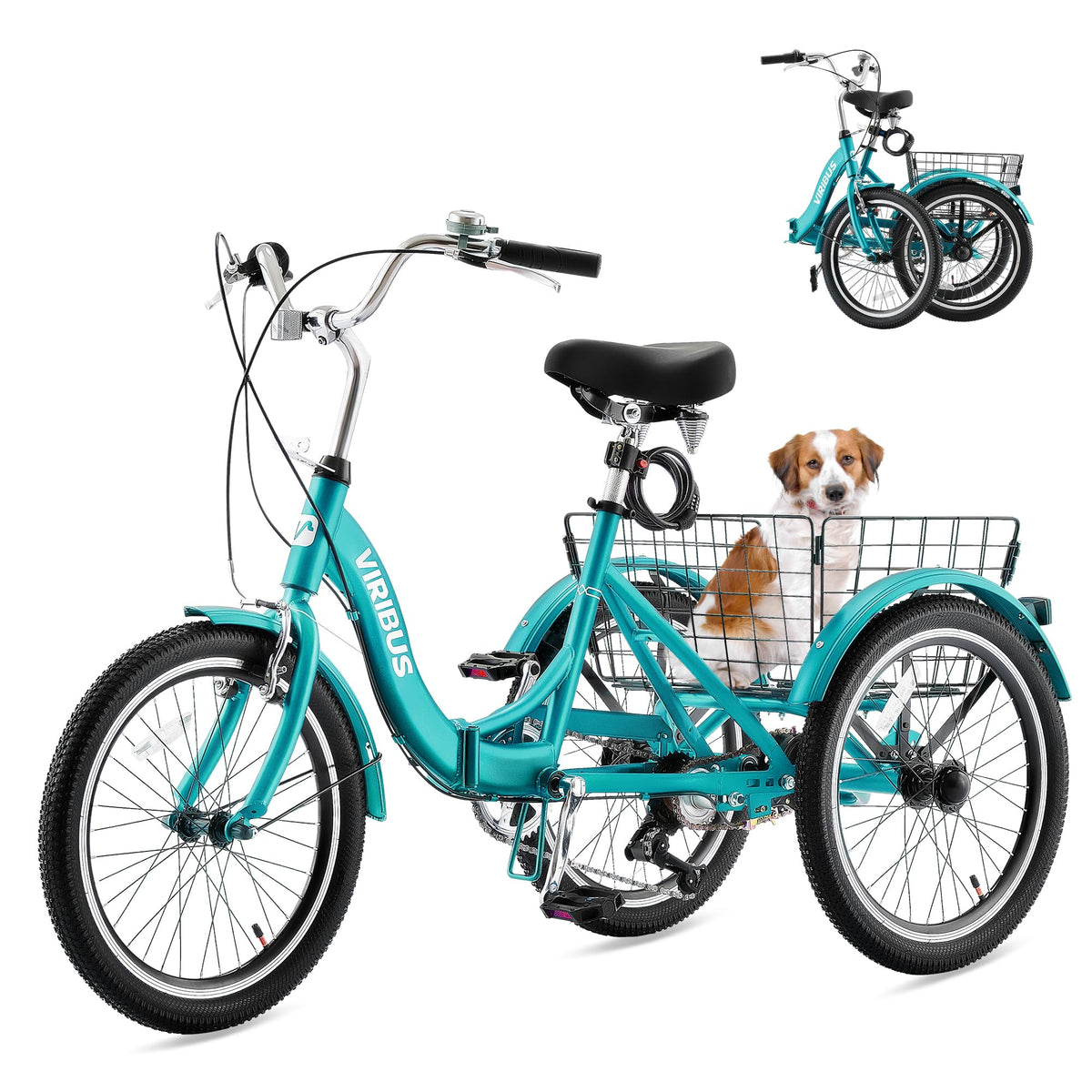 VIRIBUS Folding Tricycle for Adults, 20 inch 7 Speed Foldable Adult Tricycle for Women Men Seniors with Dual Chain, Folding 3 Wheel Bike with Lock, Collapsible Three Wheel Bicycle 330 lb. Teal