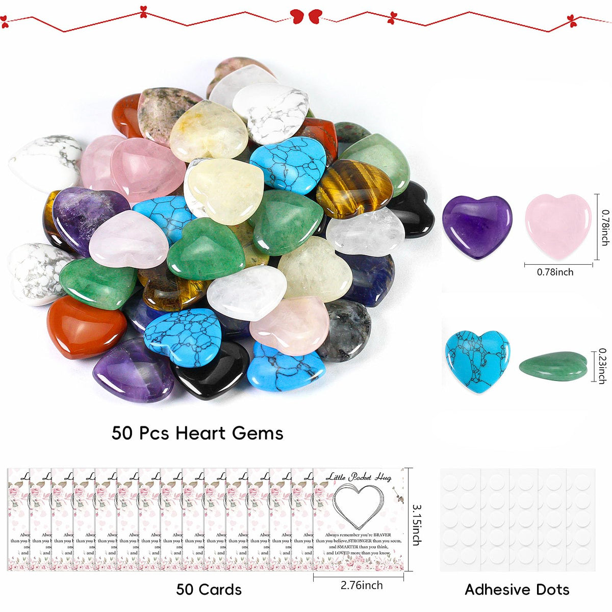50 Sets Pocket Hug Bulk with Heart Shape Natural Stones & Healing Crystals, Mini Polished Gemstones for Meditation, Yoga, Chakra Balancing, Gift for Friends, Family, Colleagues