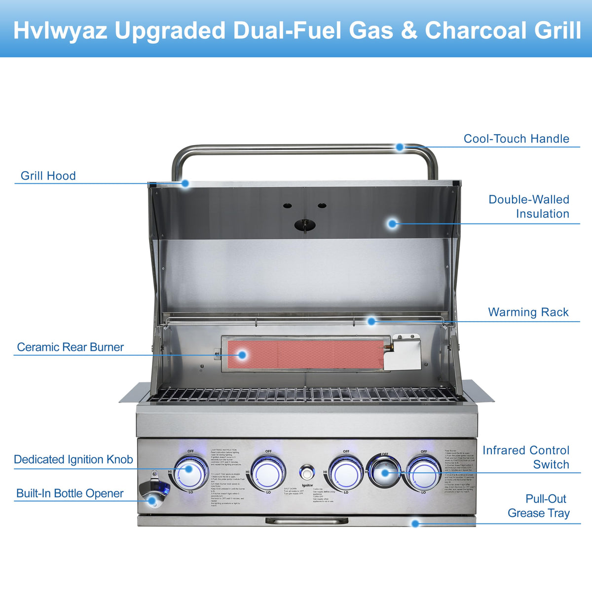 28-inch Built In Gas Grill Outdoor, 4Burner Propane Grill with Rear Burner 48,000BTU, Built-in BBQ Grill Stainless Steel, Charcoal and Propane Gas Dual Fuel, with Rain Cover for Outdoor Kitchen Island