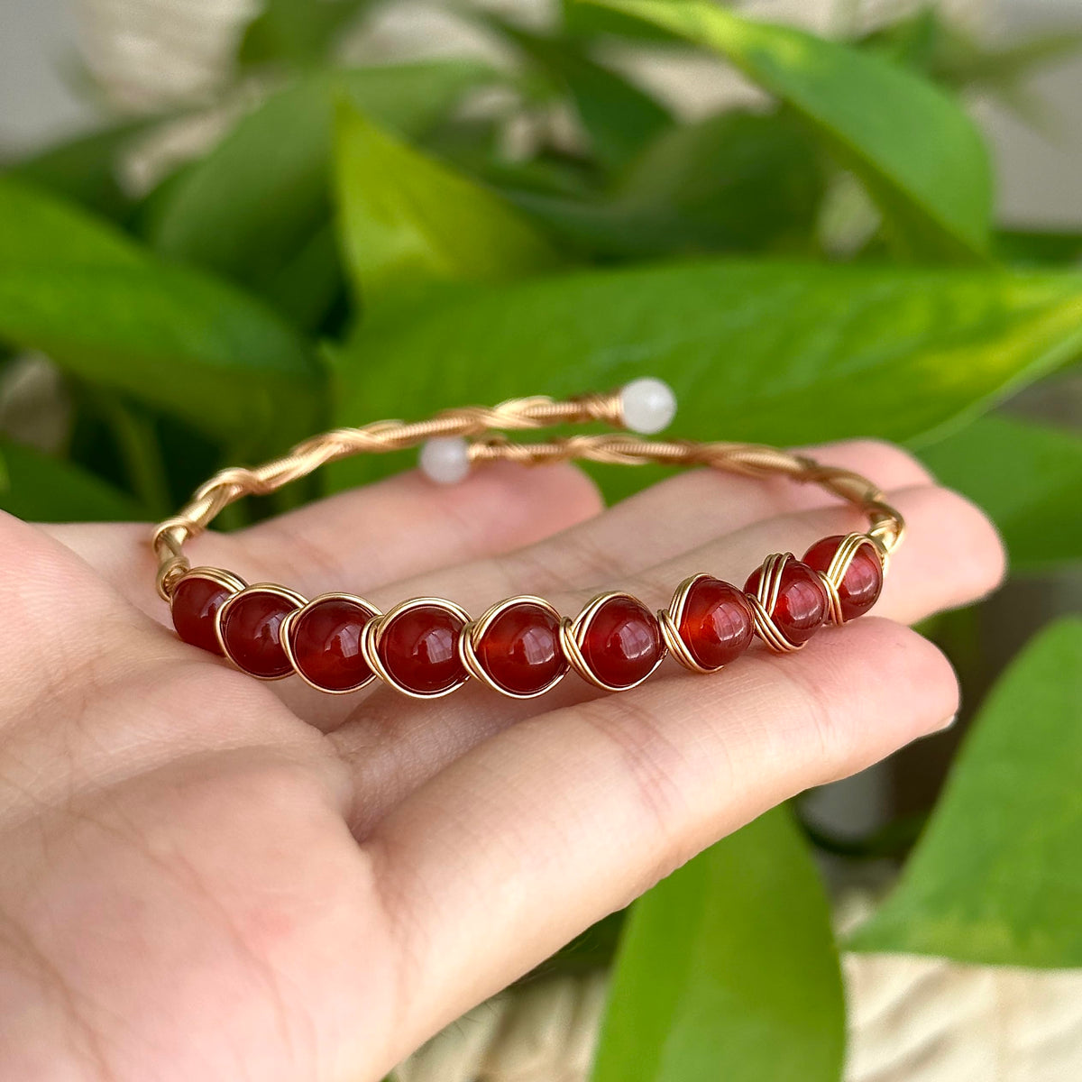 PSEEHEE Handmade Genuine Red Agate 14k Gold Filled Wire Wrapped Bracelet, Birthstone Chakra Healing Grounding Gemstone Crystal Beads Adjustable Bangle Cuff Jewelry Gift for Women