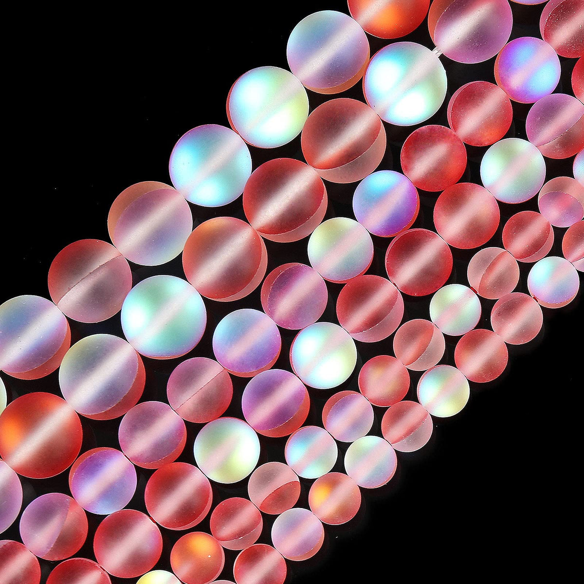 Matte Red Aurora Crystal Glass Beads, 6MM Frosted Glitter Shining Mermaid Round Loose Beads, Rainbow Holographic Synthetic Moonstone for Jewelry Making DIY Bracelet