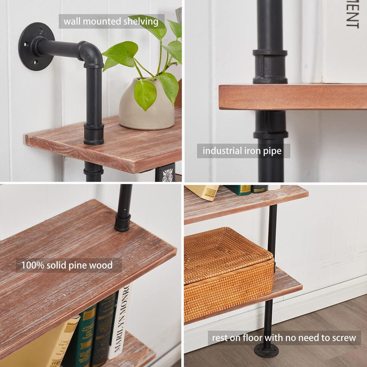 Anynice Industrial Ladder Shelf Bookcase, Wall Mounted Rustic Bookshelf, Retro Wood Metal Pipe Industrial Shelves for Living Room(Weathered Brown, 6 Tier - 10" D x 70" W x 82.5" H)