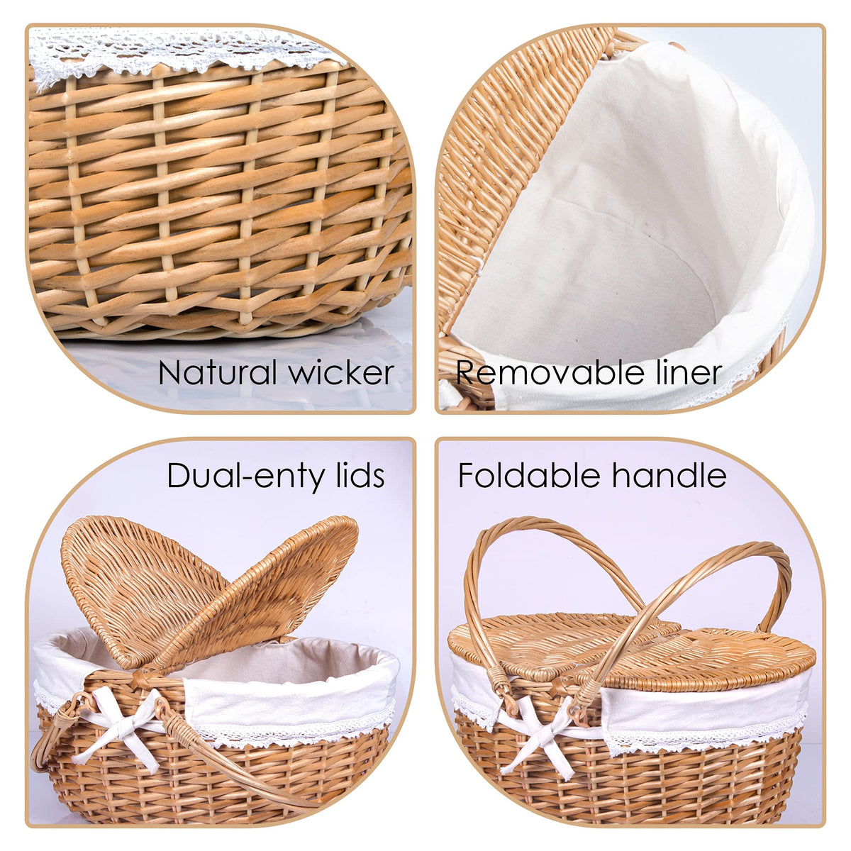 Wicker Picnic Basket with Lid and Handle 15" Sturdy Woven Body with Washable Lining for Easter,Mother's Day,Outdoor Camping,Not Dyed