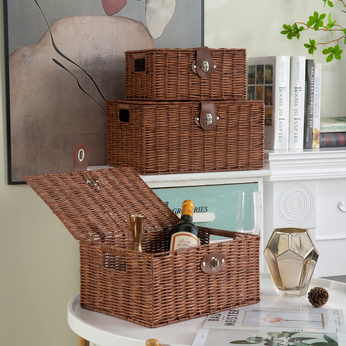 Homepeaz Set of 3 Woven Wicker Storage Basket Box with Lids & Lock, Built-in Carry Handles, Multifunctional Storage Organizer for Nursery, Baby, Clothes, Toys, Books, Large/Medium/Small Size (Natural)