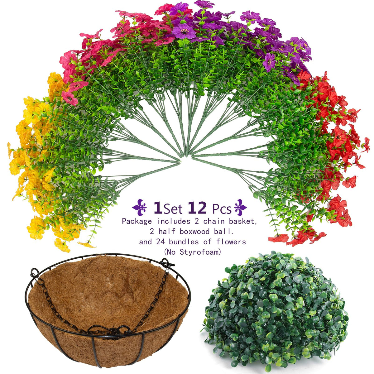 Hananona 2 Set Artificial Outdoor Flowers with Hanging Basket, 2 Hanging Planters with 24 Pcs Flowers for Spring Summer Front Porch Garden Patio Home Decor (2, Red, Purple, Yellow, Rose Red)