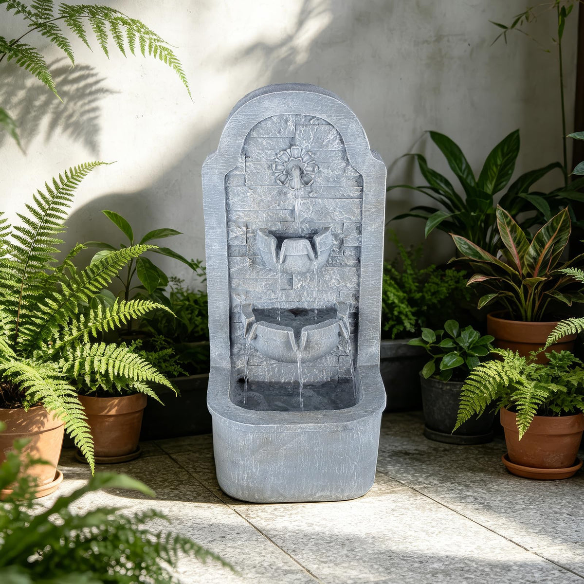 Solarbloom 30.3" H Outdoor Water Fountain, Freestanding Waterfall with LED Lights, Floor-Standing Water Feature for Patio, Garden, Backyard, Porch, Home Decor