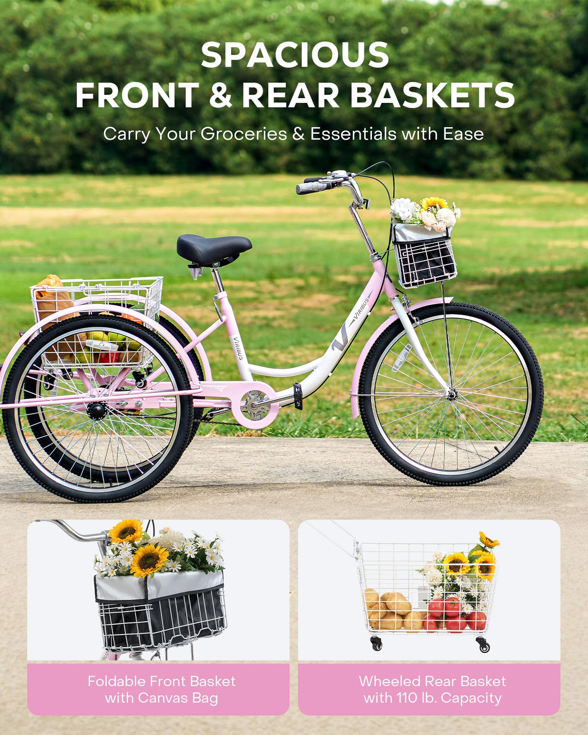 VIRIBUS Adult Tricycles for Women, Single Speed Tricycle for Adults with Front & Rear Detachable Wheeled Baskets, 3 Wheel Bikes for Adults Seniors 1 Speed, 400 lb. Capacity Three Wheeler, 26 in. Pink