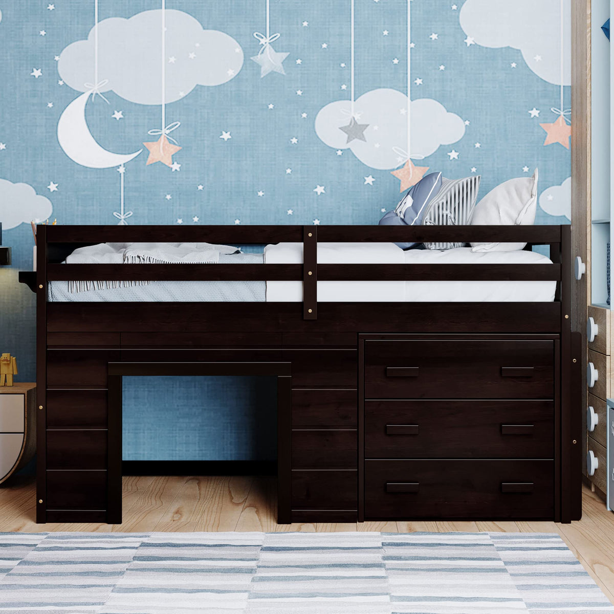 Merax Twin Size Loft Bed, Wood Bedframe for Kids Teens Adults Bedroom with Cabinet, Shelf, Stairs, Espresso