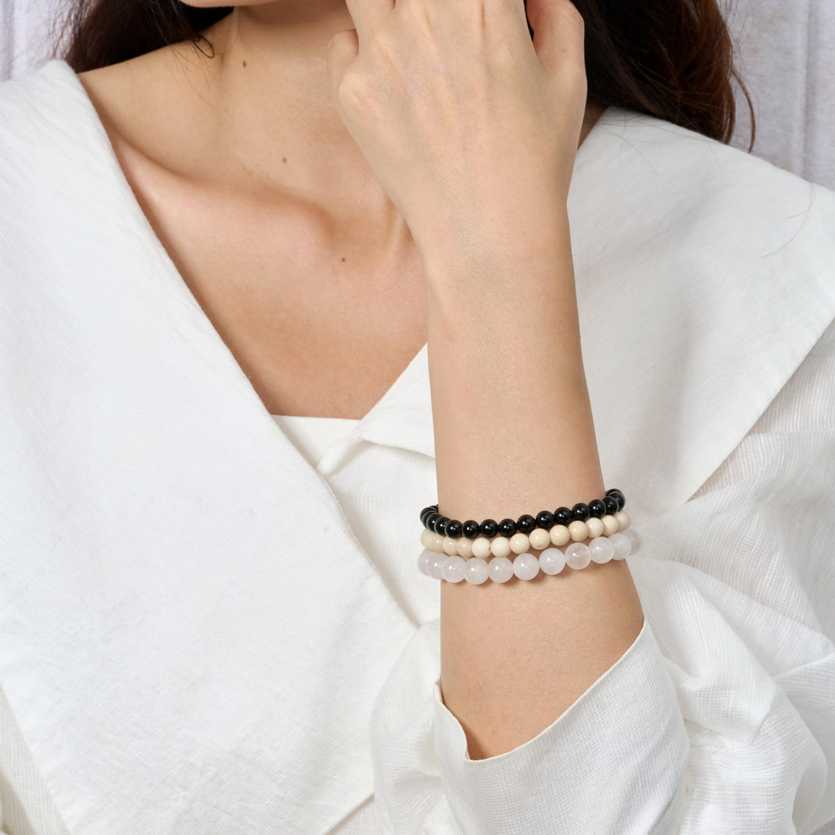 Bivei 3-Piece 8mm Beaded Bracelets for Women – Black Obsidian, White Fossil Jasper, Clear Quartz – Handmade Natural Crystal Stretch Elastic Jewelry for Meditation, Yoga, Protection Gifts