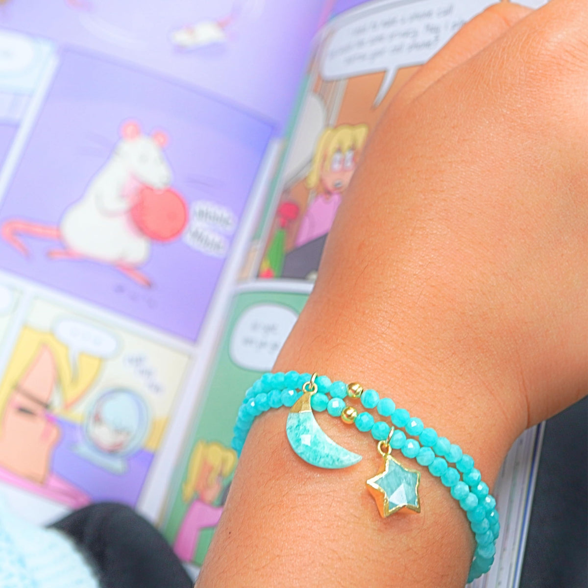 Amazonite Bracelet Party Favor for Girls, Toddler Bracelet with Certified 925 Sterling Silver 18K Gold Vermeil Amazonite Crystal Star Charm, Natural Non-Toxic Organic Gift