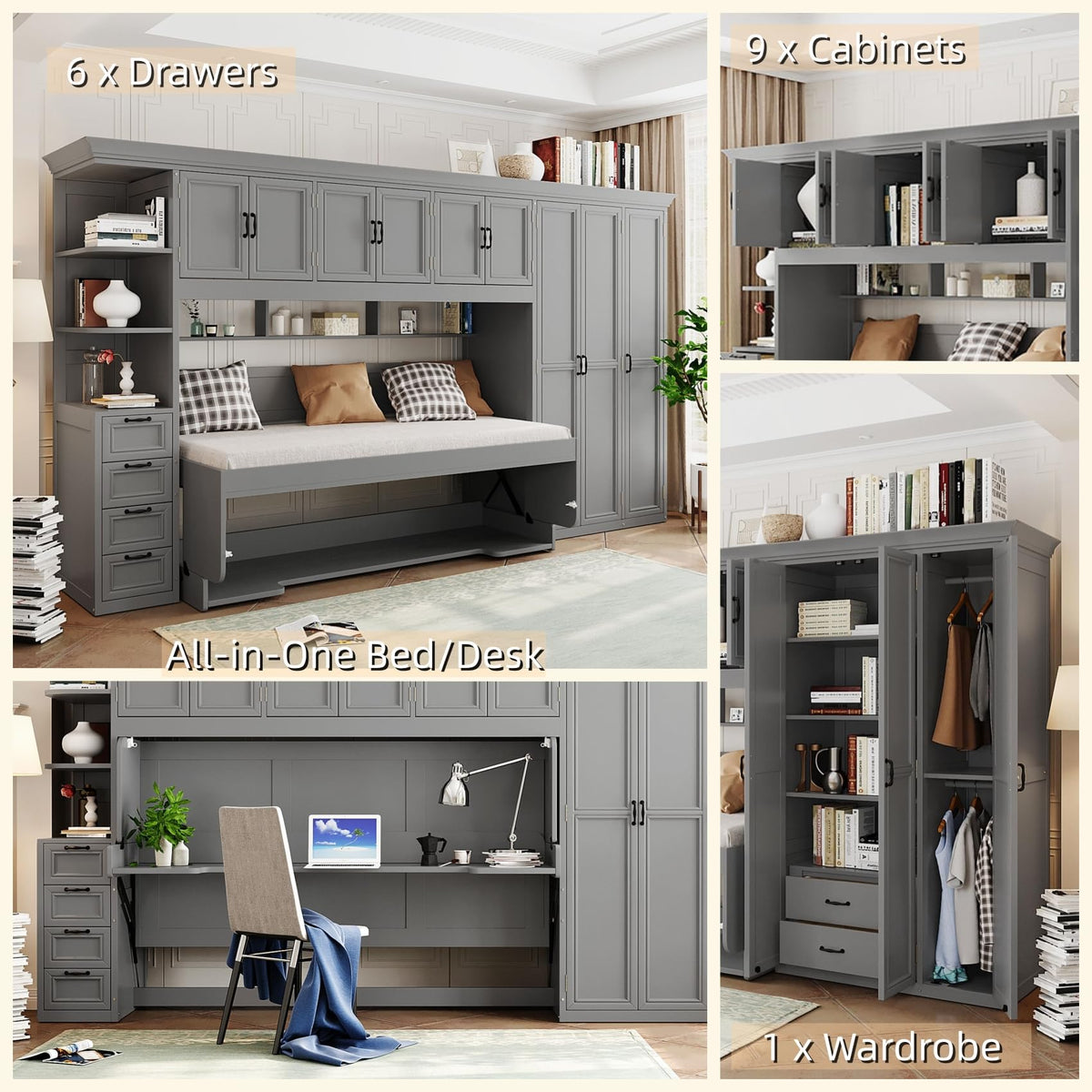 Merax Twin Size Murphy Bed with Desk, Multifunctional Wood Foldable Wall Bed with Wardrobe, Drawers and Cabinet, Space-Saving Hidden Bed for Guest Room Office, No Box Spring Needed, Grey