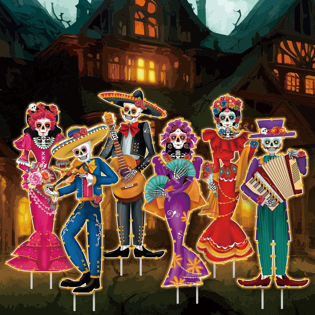 Tioncy 6 Pcs Day of the Dead Yard Decorations Outdoor Dia De Los Muertos Outside Yard Signs with Stakes String Lights Halloween Sugar Skull Couple Skeleton Decor for Mexican Fiesta Party Lawn Garden