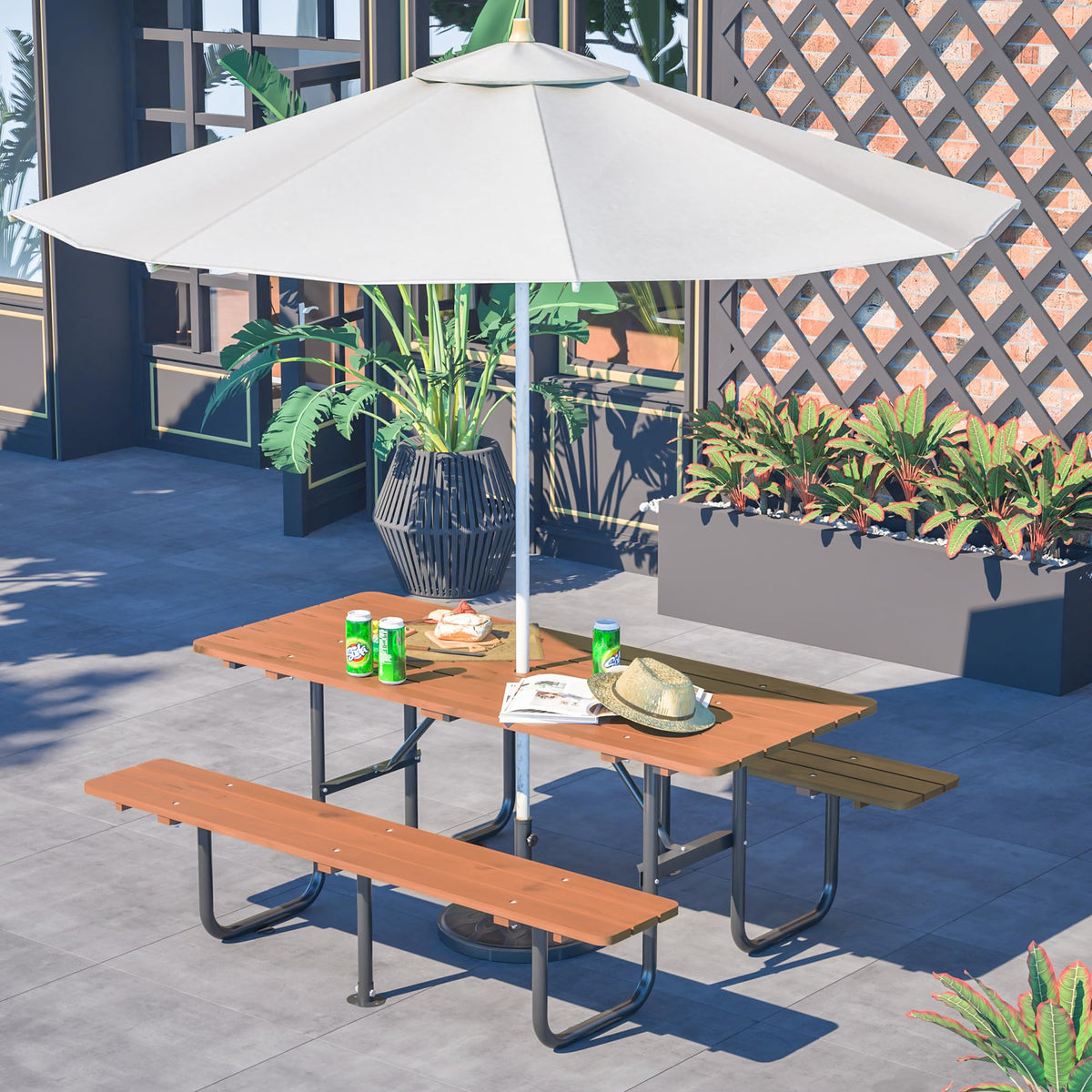 VroomAuto Outdoor Picnic Table for 6 with Benches, 72 Inch Rectangular Waterproof Wooden Dining Set, Heavy Duty for Garden Backyard Patio BBQ
