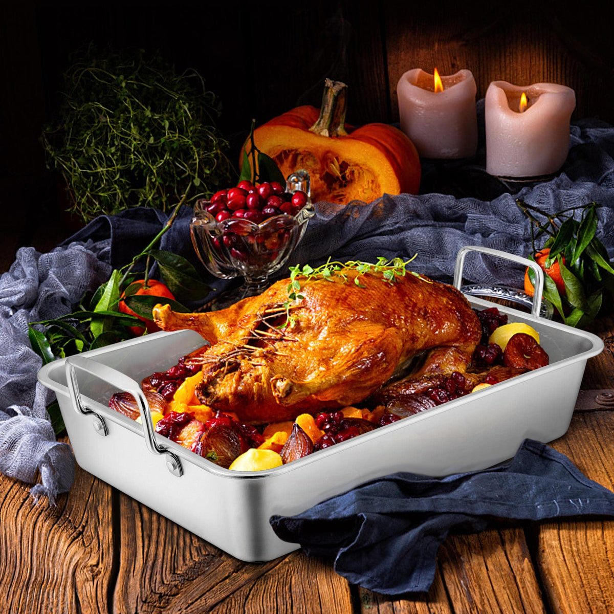 Leonyo Large Turkey Roasting Pan with V-shaped Rack, Rectangular 16 x 11.5 Inch Stainless Steel Turkey Roaster Pan with Rack Heavy Duty for Chicken Lasagna Vegetables Brownie, Dishwasher Safe, 2Pcs