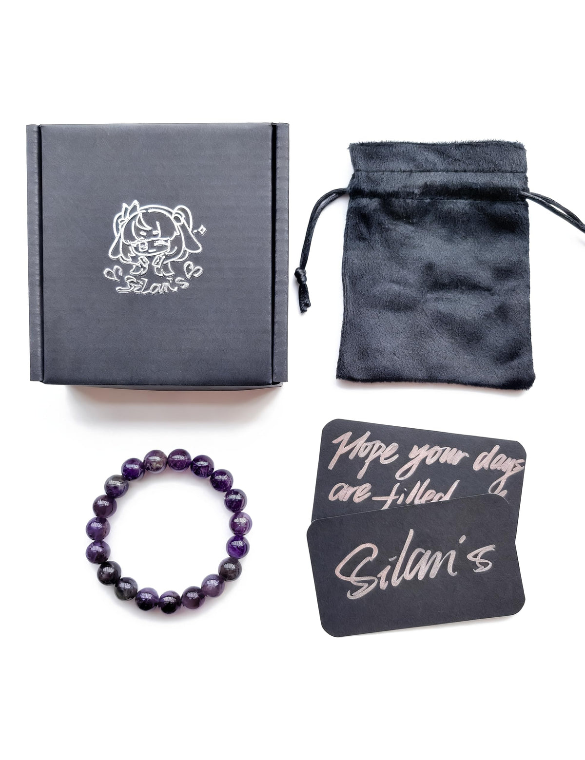 Silan's Natural Amethyst Bracelet for Women, Genuine Healing Crystal Stretch Elastic Adjustable Bracelet with Lucky Card, Gift for Her (8mm)