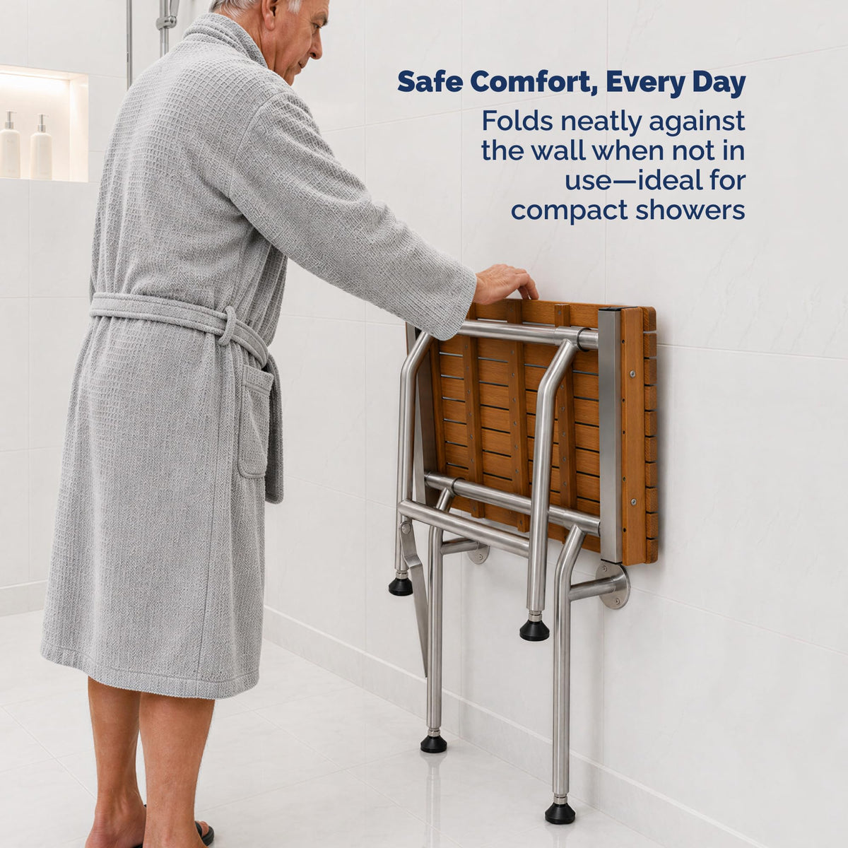 Teak Shower Seat Bench with Drop Down Legs – ADA Compliant Folding Teak Shower Bench, Wall Mounted Fold Up Bath Seat, 400 lb Capacity, Waterproof Teak Wood (24 Inches)