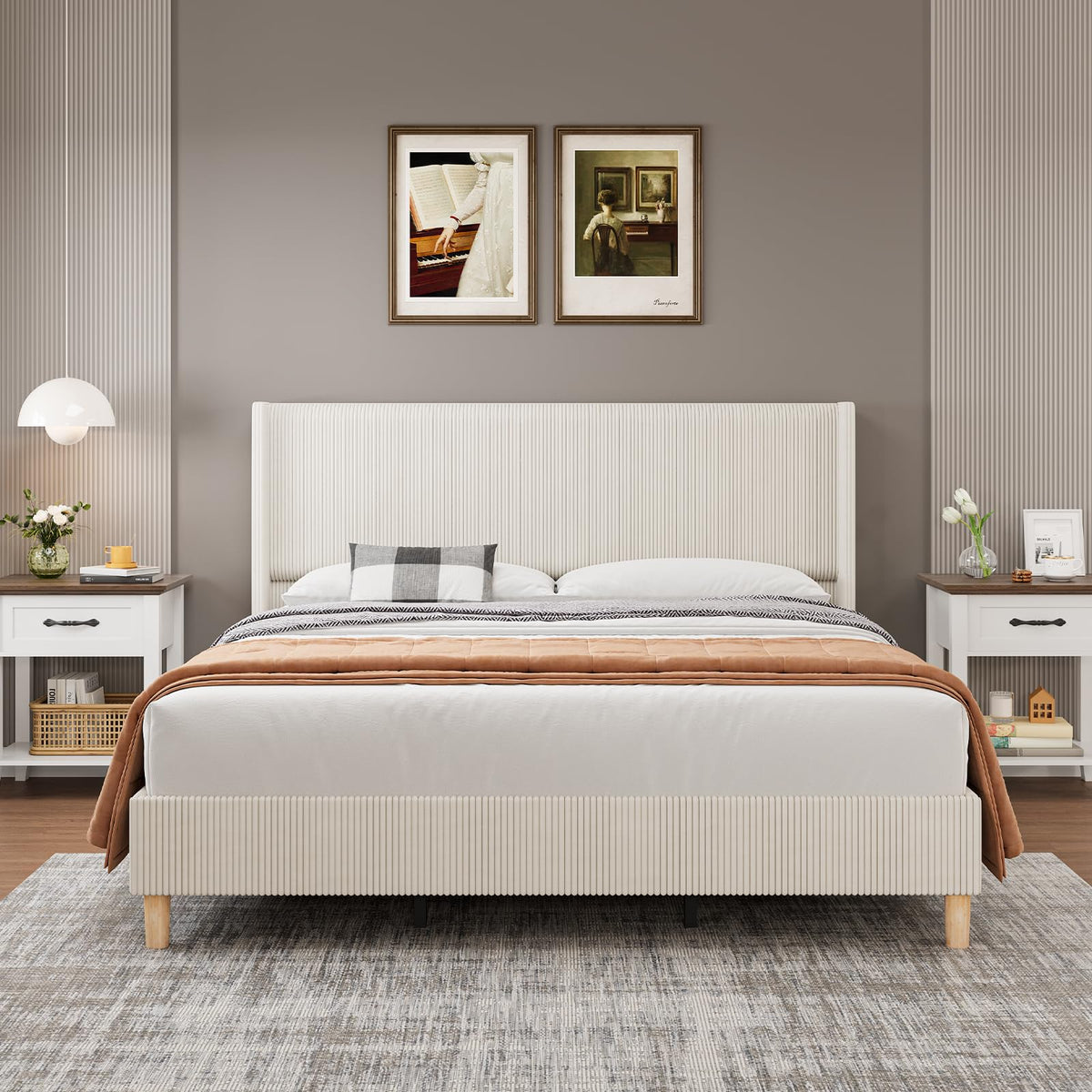 GarveeLife King Size Corduroy Upholstered Bed Frame, 50.4" Wingback Headboard with Sponge Padding, Wooden Slats Support, Noise‑Free, No Box Spring Needed, Beige