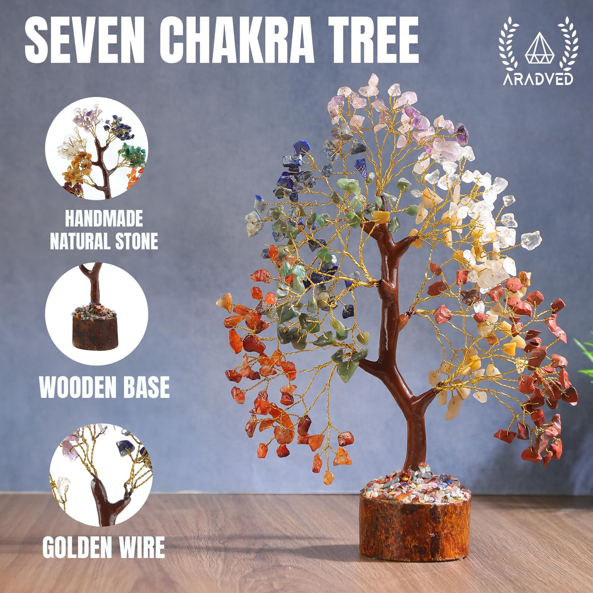 ARADVED 7 Chakra Crystal Tree 300 Beads & Healing Bracelet Set - Tree of Life Feng Shui Decor for Positive Energy - Gemstone Money Tree with Matching Chakra Bracelet for Meditation & Spiritual Gifts