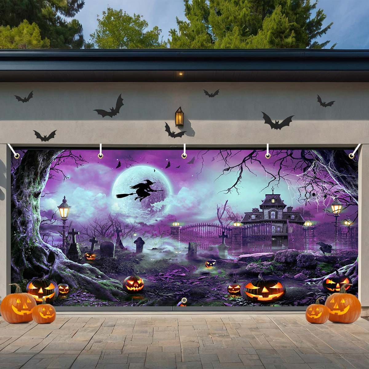 Avezano 6x13 ft Halloween Garage Door Banner Halloween Full Moon Scary Night Castle Pumpkins Garage Door Cover Backdrop Spooky Witch Cemetery Party Decorations (Purple)