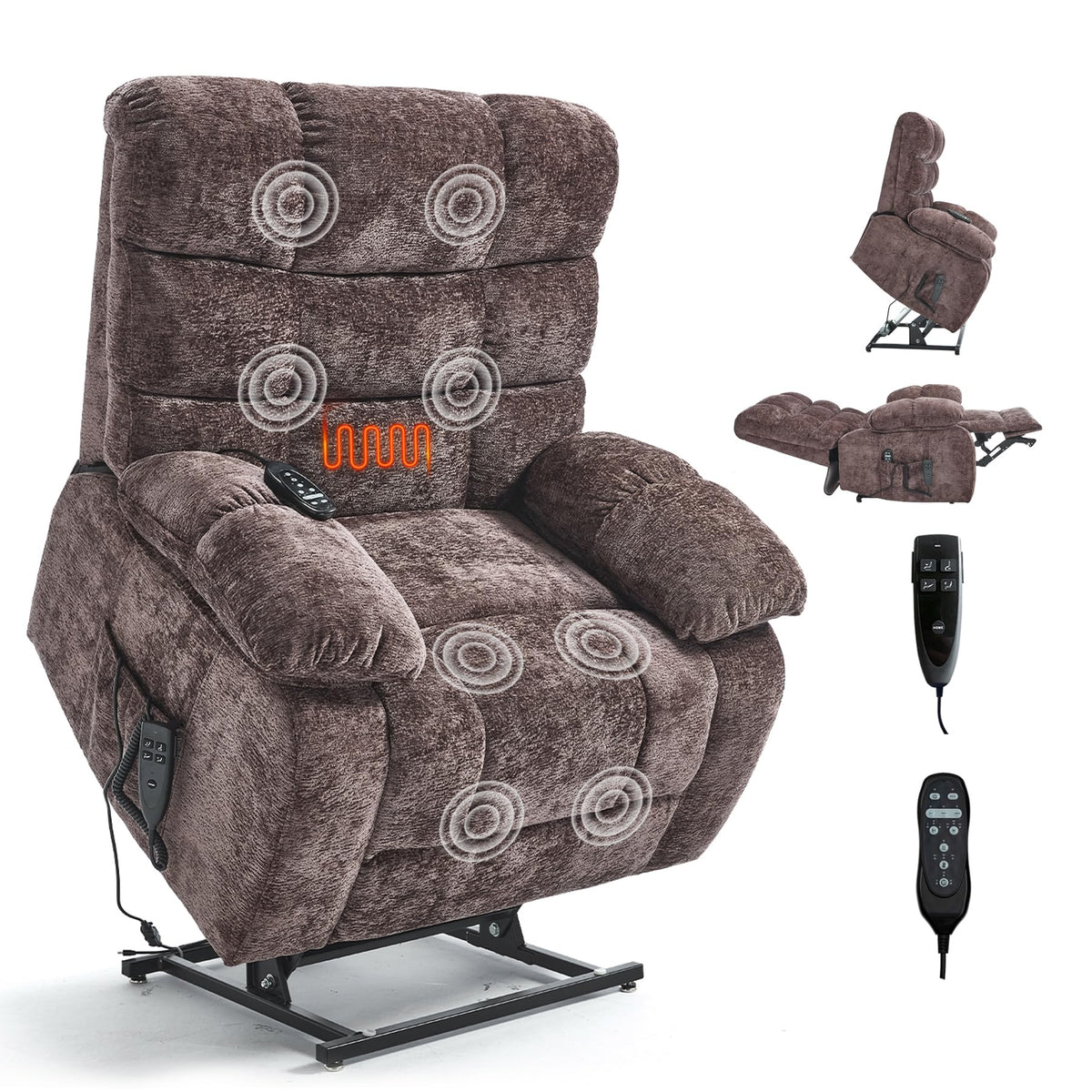 RHHVVR Oversized Power Lift Recliner Chair for Elderly, Dual Motor Lay Flat Recliner Big Chair with Massage and Heating, Chenille Electric Recliner Chairs for Living Room, Medium-Firm, Brown