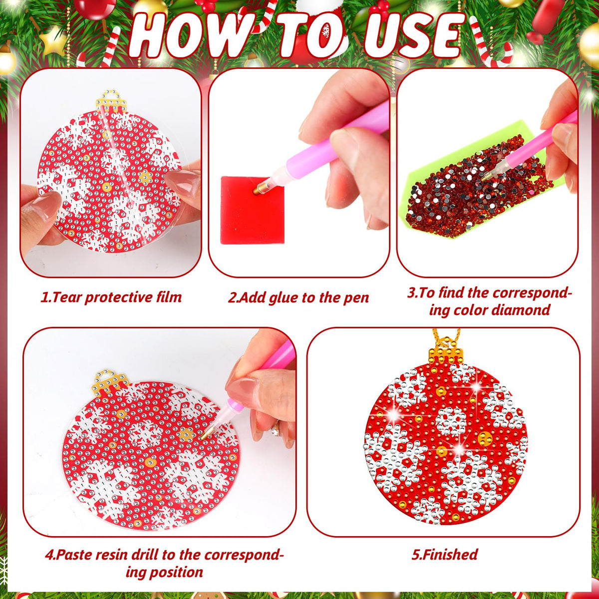 Yuntau 20 Pcs Christmas Ball Diamond Art Ornaments Red Green Diamond Painting Keychain 5d Xmas Tree Hanging Ornaments DIY Christmas Kits for Adults Crafts Holiday Party Decor(Ball)