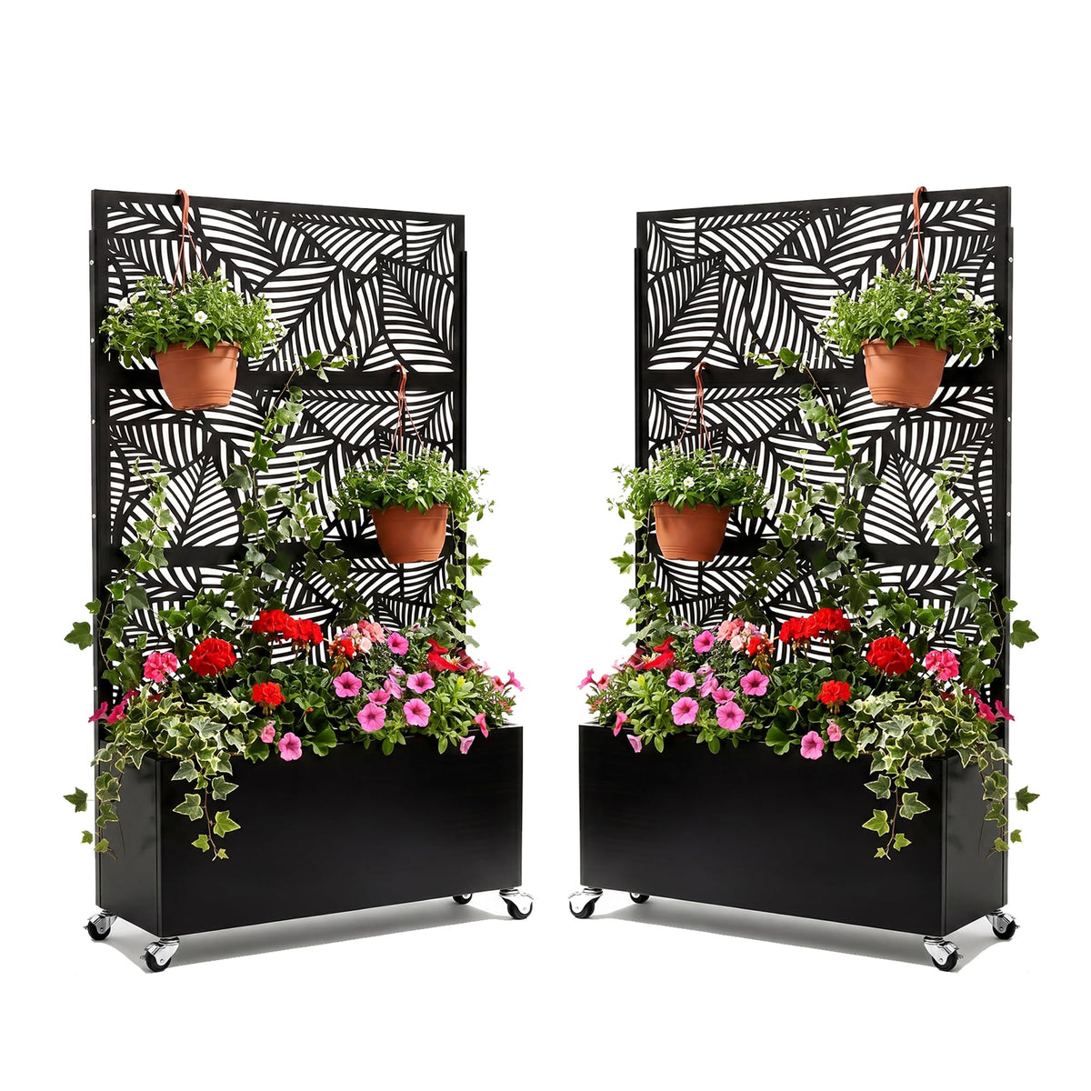 Veemuaro Metal Planter Box with Trellis, 70" H × 46" L Freestanding Outdoor Raised Garden Bed with Privacy Screen, Wheels and Drainage Holes, Leaf Privacy Screen Planter Box for Garden, 2PCS