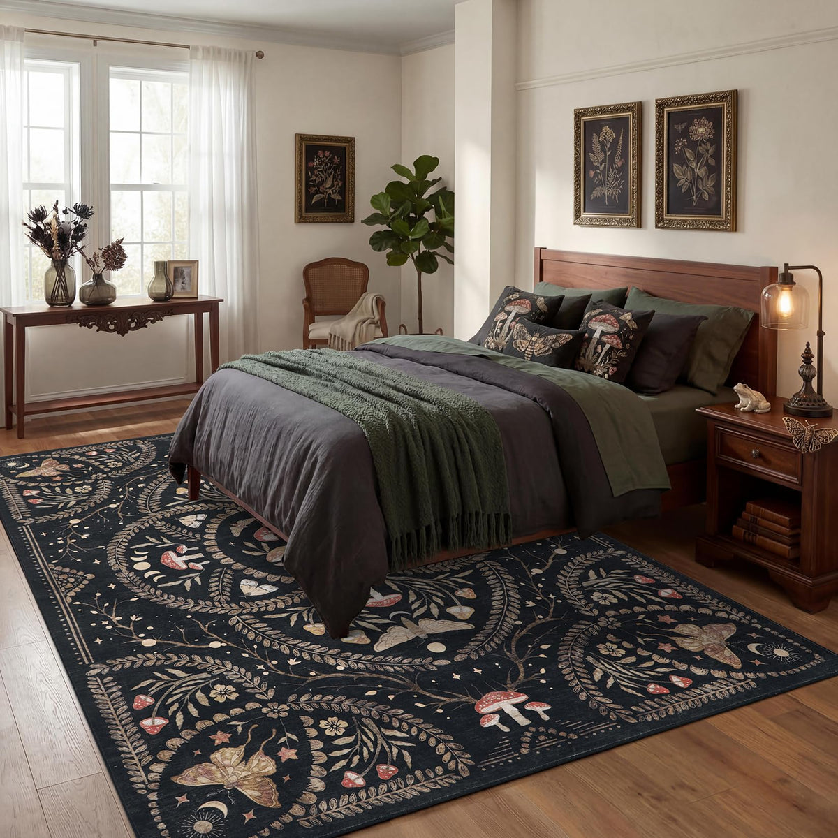 Garvee Mushroom 9x12 Area Rugs for Living Room, Dark Academia Gothic Rug, Non Slip Animal Print Washable Rugs 9x12 Low Pile Bedroom Decor Bug Carpet with Rubber for Dining Room Playroom Office, Black