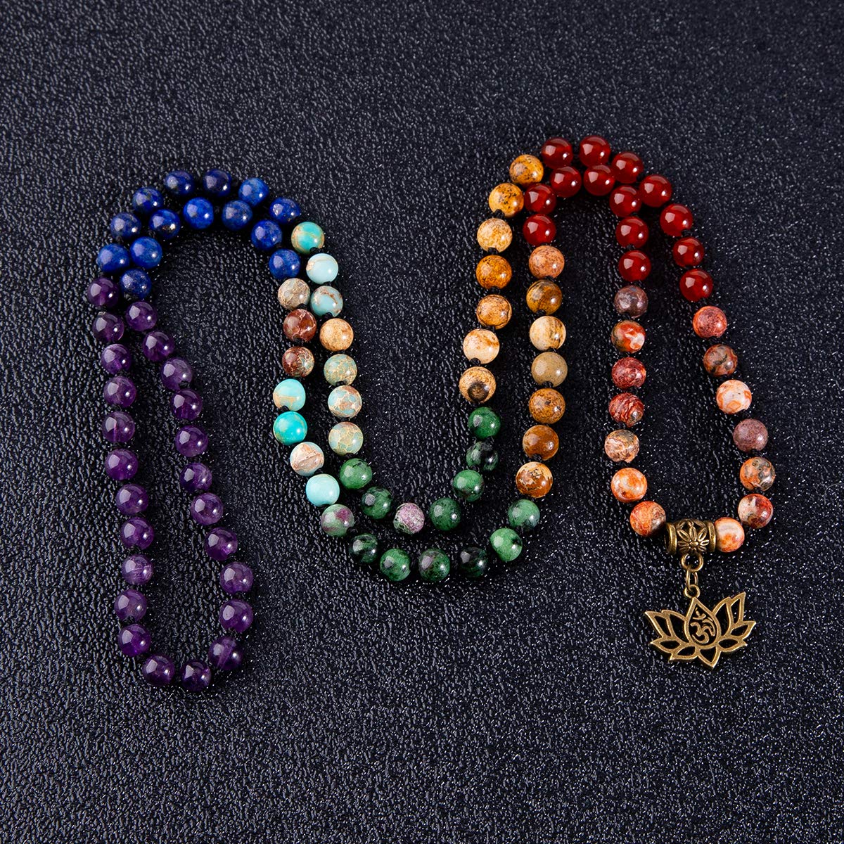 Bivei 7 Chakra 108 Mala Beads Bracelet Real Gemstone Yoga Meditation Hand Knotted Mala Prayer Bead Necklace(Lotus OM-6mm beads)