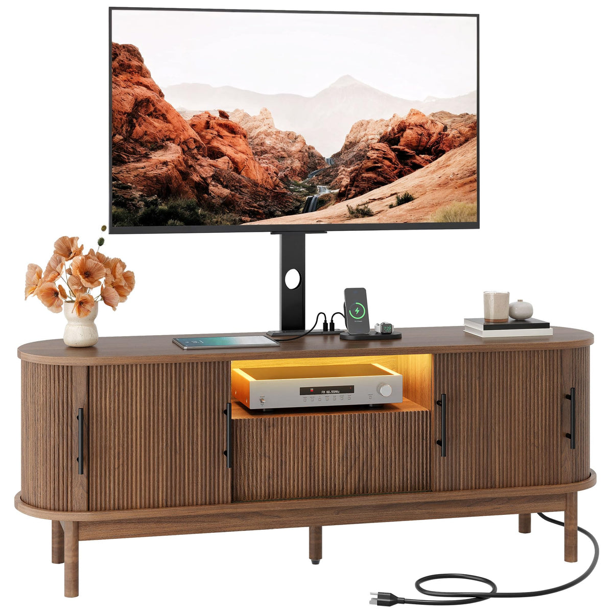 YITAHOME TV Stand with Mount and Power Outlet, Modern Entertainment Center with 3 Height Adjustment TV Mount for 32-70 inch TVs, LED Fluted TV Media Console with Sliding Doors, Curved Profile Design