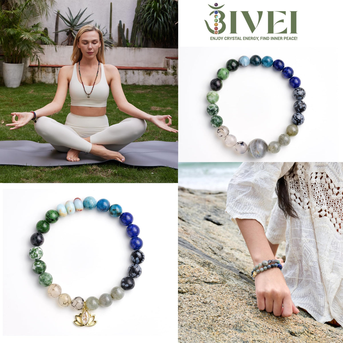 Bivei Beaded Bracelets for Women with Lotus Charm Healing Gemstone Crystal 7 Chakra Bracelet Natural Stretch Bracelets Set for Women Yoga Meditation Anxiety Stress Relief Jewelry(Green)