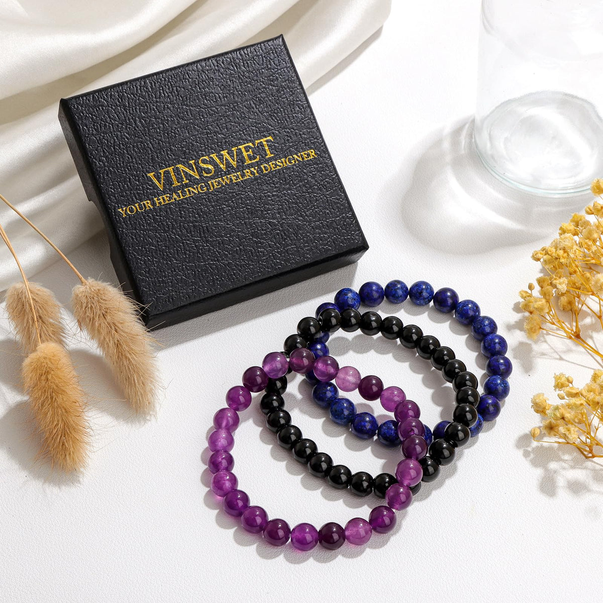 Vinswet Healing Crystal Bracelets for Women Men 8mm Amethyst Lapis Lazuli Black Obsidian Natural Stone Beaded Stretch Bracelet Handmade Gemstone Stress Relief Reiki Spiritual Jewelry Gifts